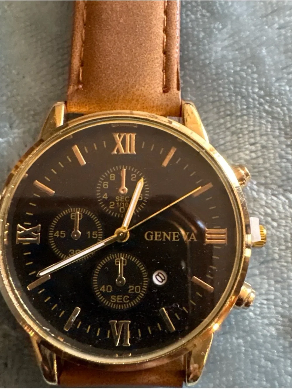 Geneva Gold-Tone Case Watch with Black Dial and Brown Strap